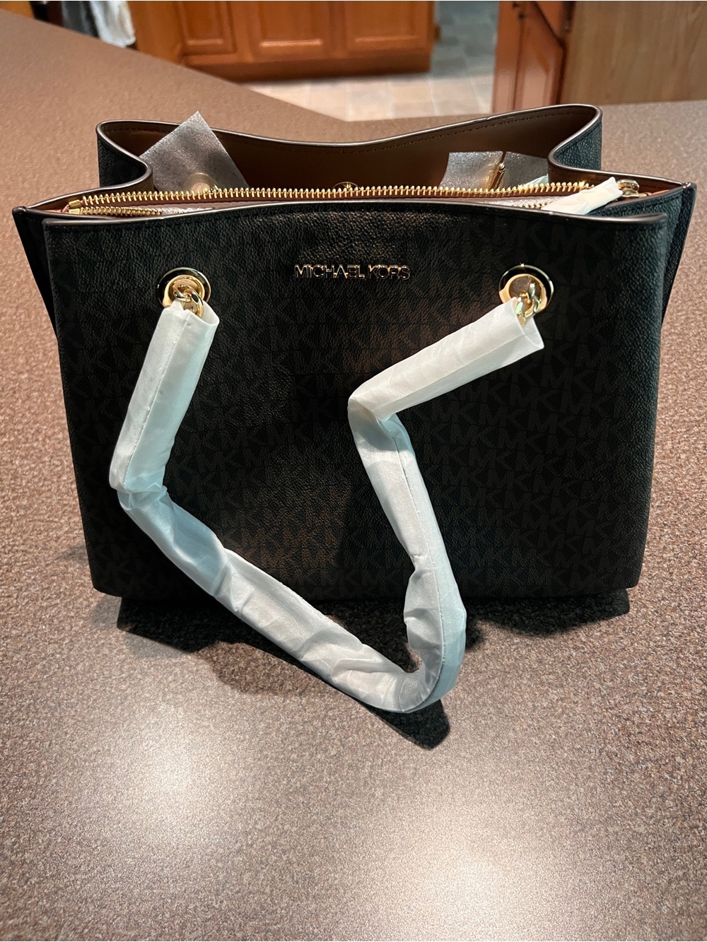 Michael Kors Dark Brown Logo Tote with Gold Hardware